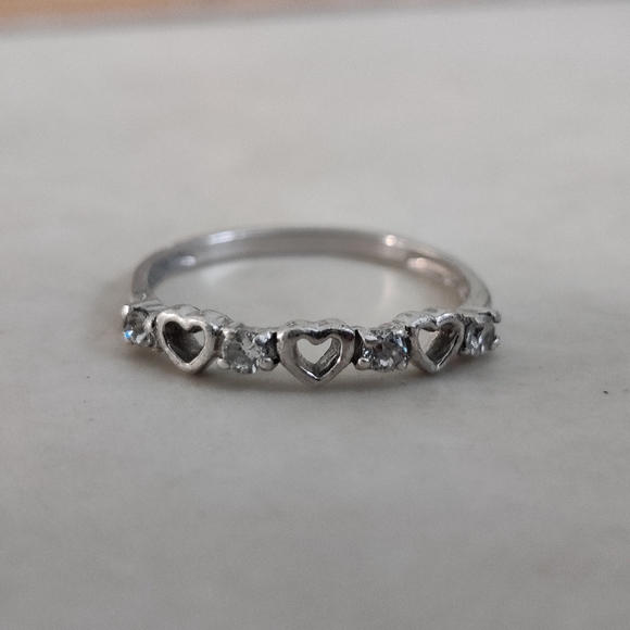 Dainty Sterling Silver Ring Open Work Hearts and CZ - Picture 10 of 14
